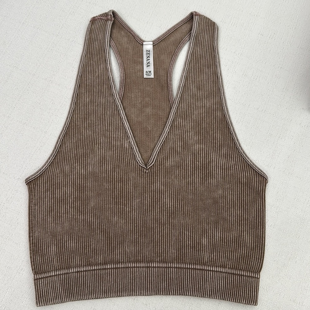 Mocha Stone Washed Cropped Ribbed Racerback Tank - Picture 3 of 7